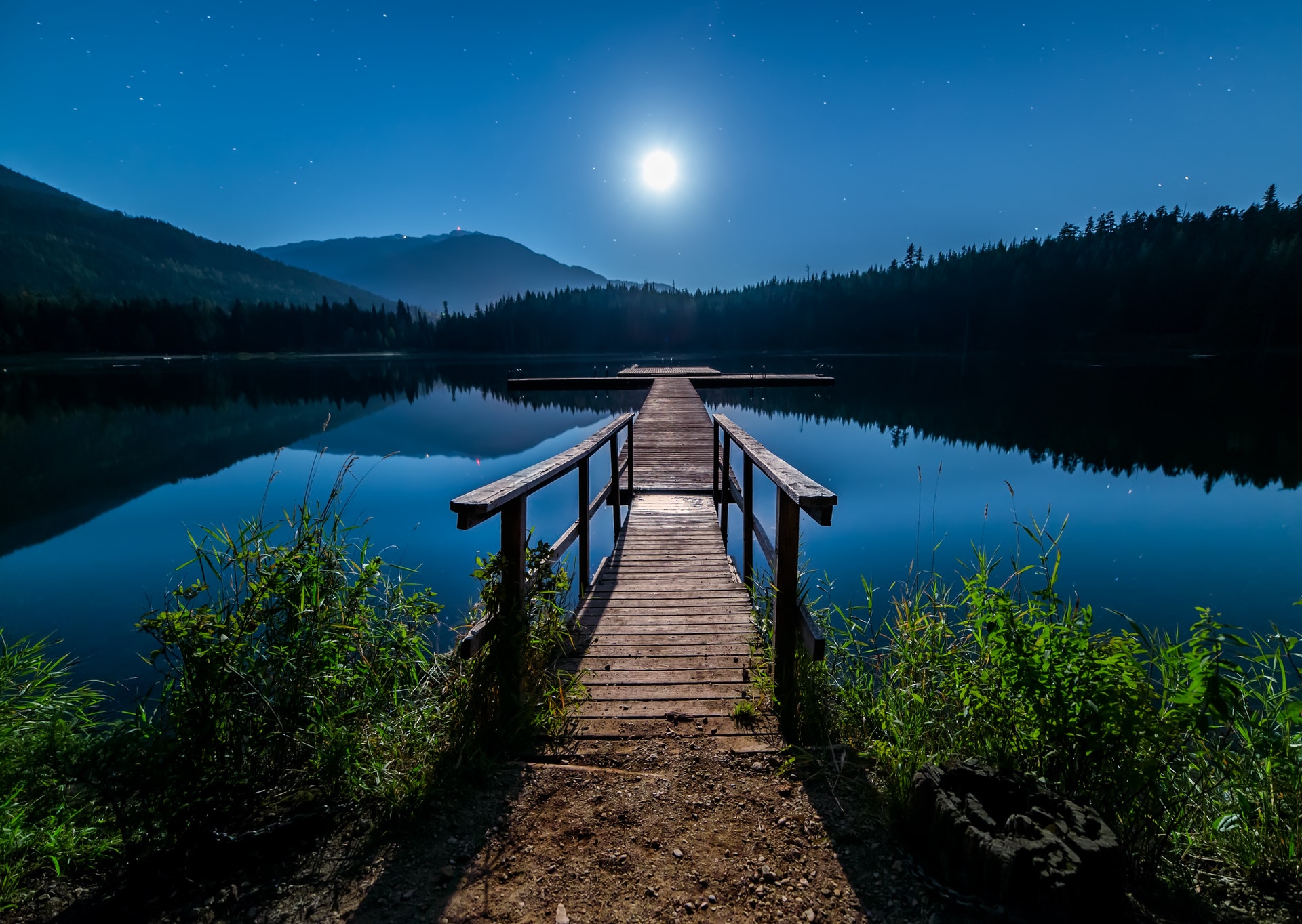 Wooden dock stretching out over moonlit lake